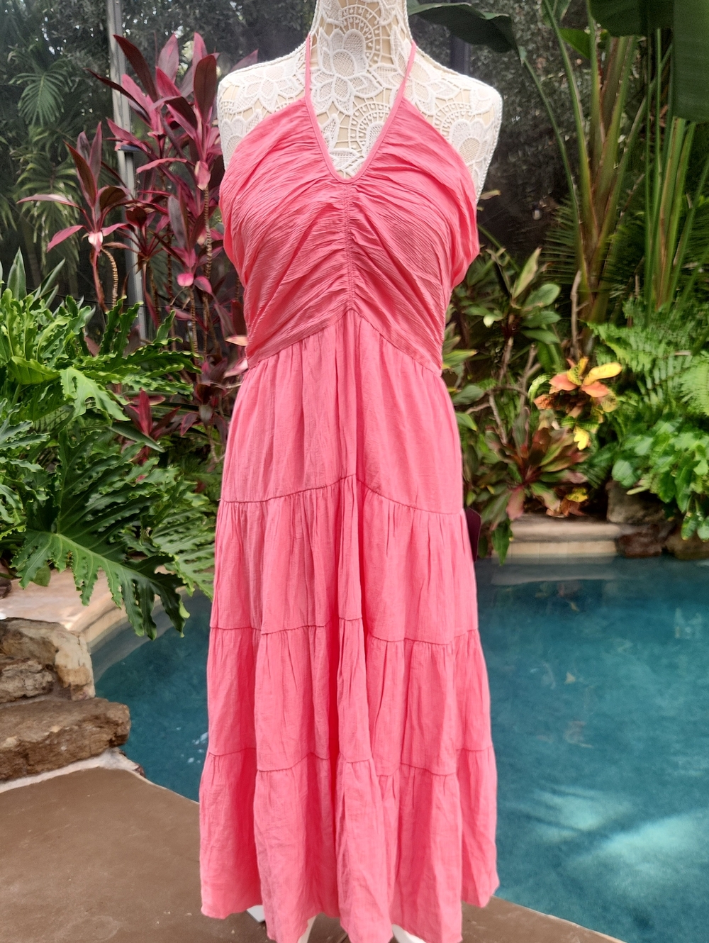 Lulu's Coral Pink Tiered Halter Maxi Dress